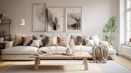 A Scandinavian living room with a neutral color palette, accented by natural greenery and subtle pops of color in the form of cushions, artwork, or decorative objects.