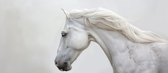 Majestic white horse with long flowing mane standing gracefully in front of a pristine white wall