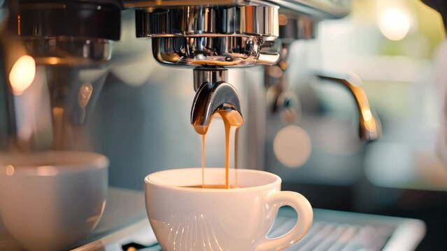 Espresso coffee machine making espresso coffee in cafe.