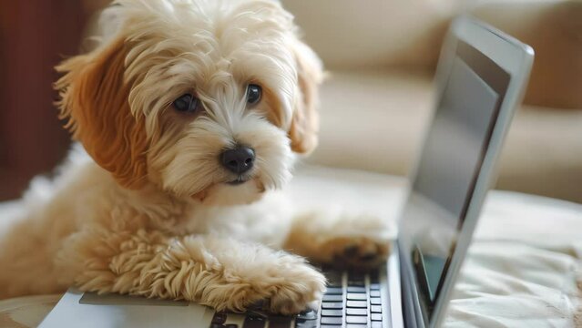 Cute puppy looking at laptop or computer.