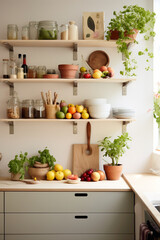 A Scandinavian-inspired kitchen with subtle, muted tones enlivened by a burst of color from fresh produce on display.