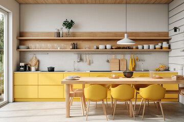 A Scandinavian-inspired kitchen featuring clean lines, wooden accents, and a splash of cheerful yellow in its minimalistic design.