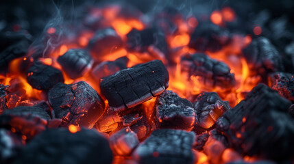 Texture of glowing coals as they slowly burn in a fire pit emitting a warm and comforting radiance.