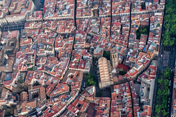 Aerial top down view of Barcelona old town buildings, Spain. Late afternoon light - 740423064