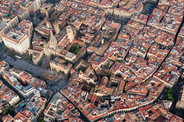Aerial high angle view of Barcelona old town buildings, Spain. Late afternoon light - 740423066