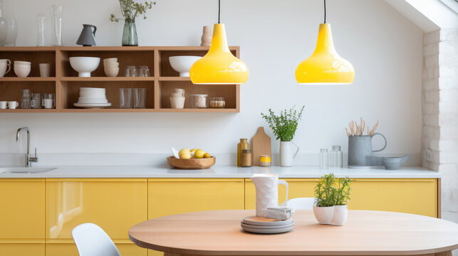 A Scandinavian-inspired kitchen with white walls, light wood cabinets, and a vibrant yellow pendant light.