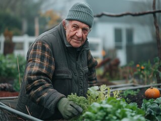 Happy Elderly man gardening and Cultivating plants in beds