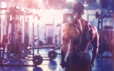 Fototapeta na wymiar bodybuilder man on blured gym background. gym or health concept