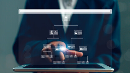 Organization chart on the virtual interface screen. Business process and workflow automation with...