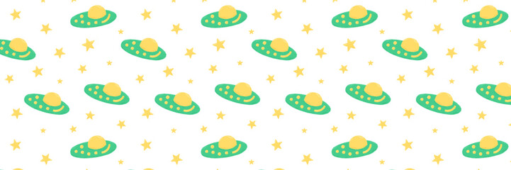 Baby cute seamless pattern with space elements on white background. Hand drawn flat cartoon style. Vector illustration