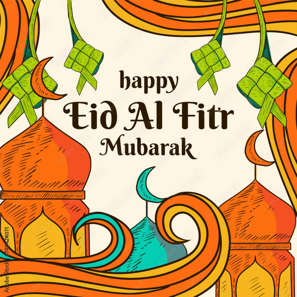 Wall mural hand drawn happy eid al fitr mubarak illustration greeting cards