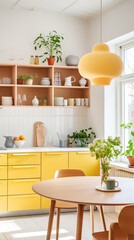 Obraz na płótnie Canvas A Scandinavian-inspired kitchen with white walls, light wood cabinets, and a vibrant yellow pendant light.