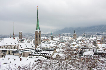 Snow covered Zurich City skyline, Zurich, Switzerland