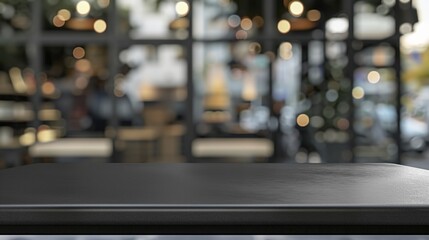 Empty black table with modern coffee shop interior background.