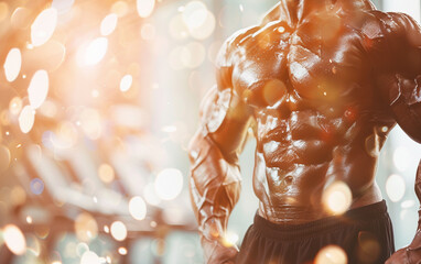 bodybuilder man on blured gym background. gym or health concept. Space for text