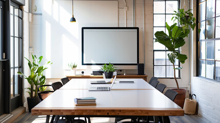 Modern Conference Room with Digital Whiteboard and Plants