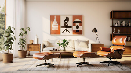 A Scandinavian-inspired living room with a mid-century modern twist, featuring iconic furniture pieces, such as a Eames lounge chair, a teak sideboard, and a geometric rug. - obrazy, fototapety, plakaty