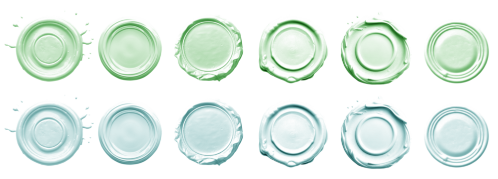 2 Collection set of pastel green turquoise blue, wax seal stamp blob ink paint on transparent background cutout, PNG file. Many different design. Mockup template artwork graphic