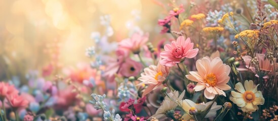 A variety of flowers, including annual plants and shrubs, are blooming in a field, creating a colorful and vibrant display of terrestrial plants and petals