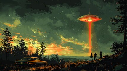Retro and nostalgic alien abductions theme reminiscent of classic sci-fi movies.