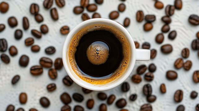 Aerial view of coffee cup and coffee beans on a white background.