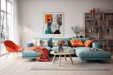 A Scandinavian-inspired living room with a pop of color, creating a lively and dynamic atmosphere.