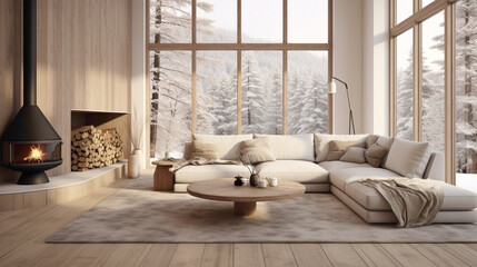 A Scandinavian-inspired living room with a minimalist design, featuring clean lines, neutral colors, and natural light streaming through large windows, illuminating a cozy seating area.