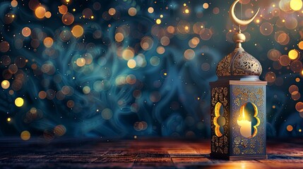 Islamic decoration background with lantern and crescent moon luxury style, ramadan kareem, mawlid, iftar, isra miraj, eid al fitr adha, muharram, copy space text area - Eid Ul Fitr - generative ai - obrazy, fototapety, plakaty