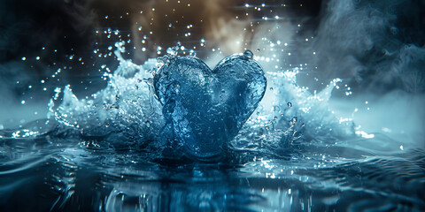 Blue heart with water splashes on dark background. 3D rendering a symbol of nature's love.