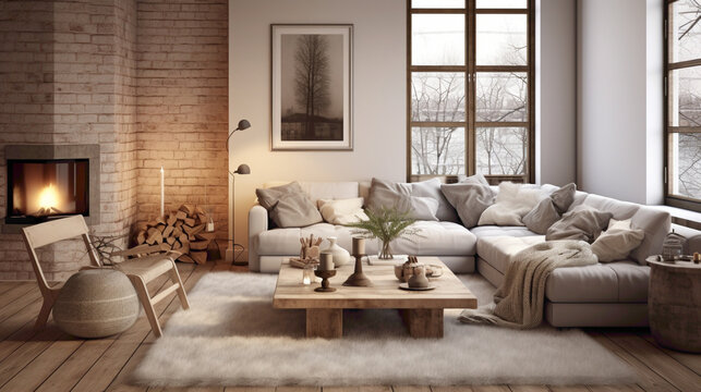 A Scandinavian-inspired living room with a blend of modern and rustic elements, creating a warm and inviting space