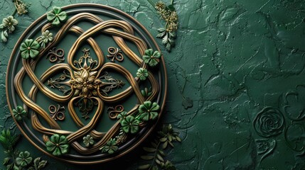 Elegant and sophisticated Saint Patrick's Day showcasing a Celtic knotwork design interwoven with symbols of luck and celebration. - obrazy, fototapety, plakaty