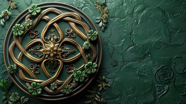 Elegant and sophisticated Saint Patrick's Day showcasing a Celtic knotwork design interwoven with symbols of luck and celebration.