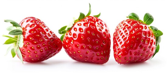 Three ripe strawberries with fresh green leaves, a staple fruit known for being a seedless superfood, showcased against a white background