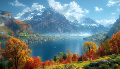  lakes, mountains, autumn, vibrant, skylines, romanticized, country, life, light, amber, azure, pastoral, charm, suburban, ennui, capturer, UHD, image, yellow, red