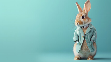 rabbit wearing cute clothes on a light blue background with copy space
