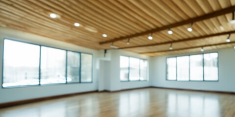  Interior of an blur empty dance, yoga, fitness studio hall 