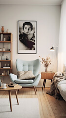A serene Scandinavian living room with a soothing color scheme of soft blues and white.