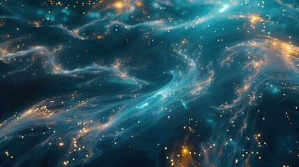 Blue water flowing in the water with lights in the background, in the style of intricately mapped worlds, light teal and light sky-blue, global imagery, adam elsheimer, celestialpunk, aerial view, lig - obrazy, fototapety, plakaty