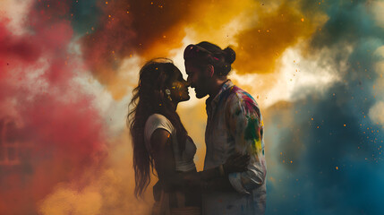 Naklejka premium Urban fashion photography of an Indian couple, holi celebration