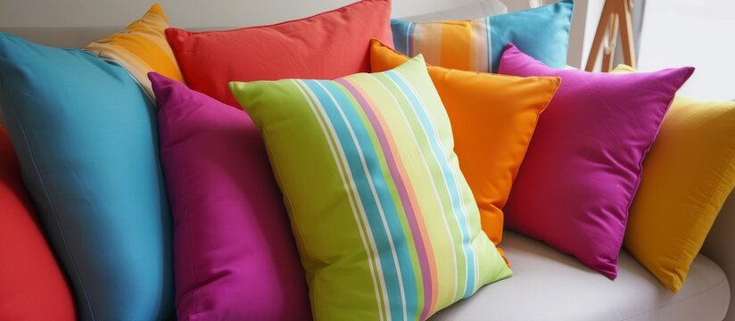 Vibrant and colorful pillows arranged neatly on a pristine white sofa for trendy home decor accent