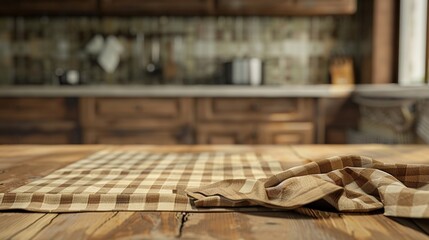Admire the rustic charm of a wooden table adorned with a checkered tablecloth, complemented by a close-up of a napkin, creating a cozy kitchen ambiance. - obrazy, fototapety, plakaty
