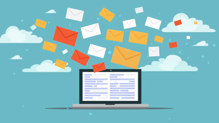 An illustration of a laptop receiving multiple emails shows flying envelopes against a cloud background, representing the concepts of newsletters, online messaging, and social media.