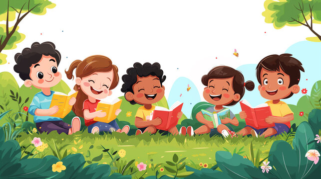 A group of family members smiles and laughs while reading a book together in the park. Family time, Education, Knowledge, Learning and World book day concept.