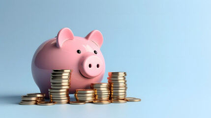 piggy bank with a pile of coins in front of it on a blue background with copy space, an investment concept for collecting money