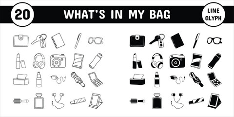 What's in my bag Line Glyph Vector Illustration Icon Sticker Set Design Materials - obrazy, fototapety, plakaty