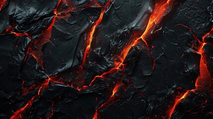Lava texture background. Hot glowing lava closeup background, black orange heat design, top view. Abstract background of extinct lava with red gaps. - obrazy, fototapety, plakaty