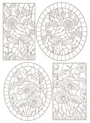 Set contour illustrations in the stained glass style snail on mushroom, dark outline on a white background
