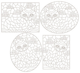 A set of contour illustrations of stained glass Windows with cats on a background of sky, dark contours on a white background