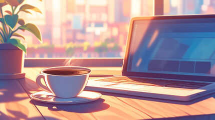 窓際のテーブルに置いてあるノートパソコンとコップ　フリーランス　副業