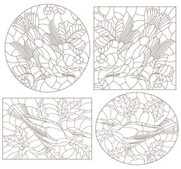 Set of contour  illustrations of stained-glass windows with birds against branches of a tree and leaves , dark contours on a white background